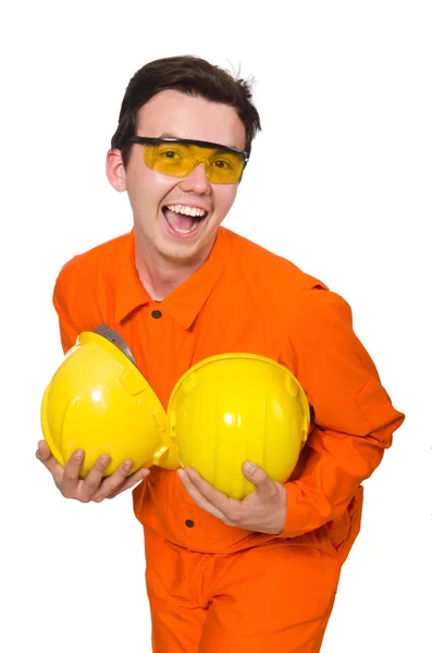 Mężczyzna w pomarańczowych kombinezonach odizolowany na białym — Zdjęcie stockowe