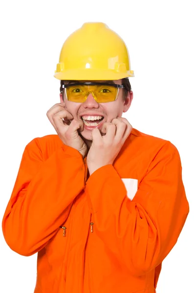 Man in oranje overall geïsoleerd op wit — Stockfoto