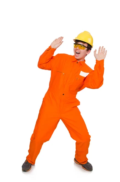 Man in oranje overall geïsoleerd op wit — Stockfoto