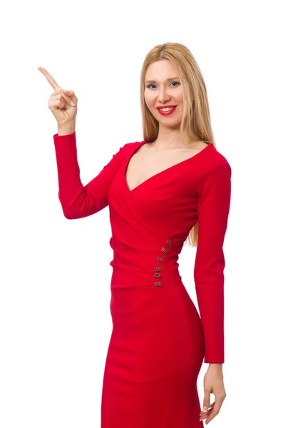 Tall young woman in red dress isolated on white — Stock Photo, Image