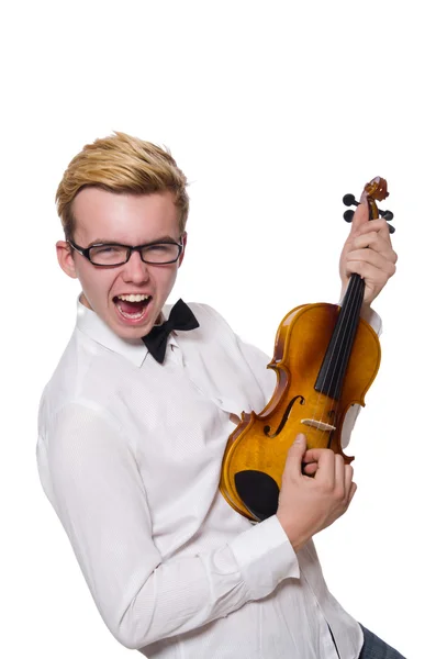 Young funny violin player isolated on white — Stock Photo, Image