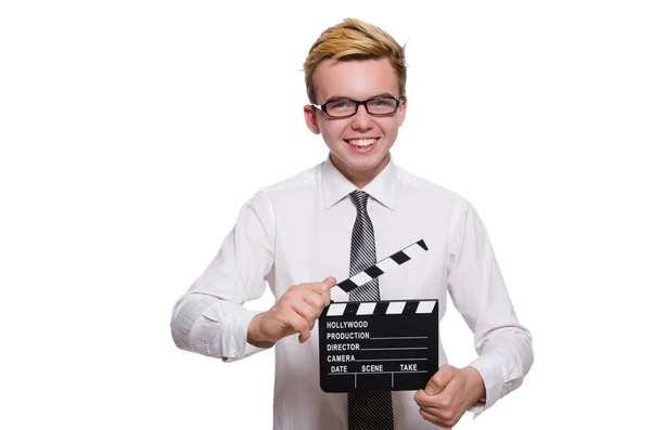 Uomo divertente con scheda film su bianco — Foto Stock
