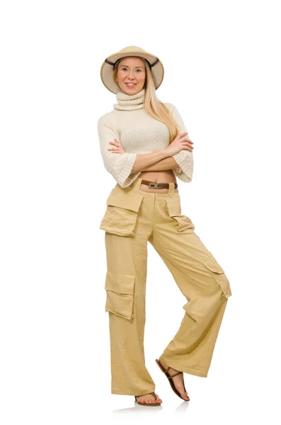 Mooie vrouw in beige broek geïsoleerd op wit — Stockfoto