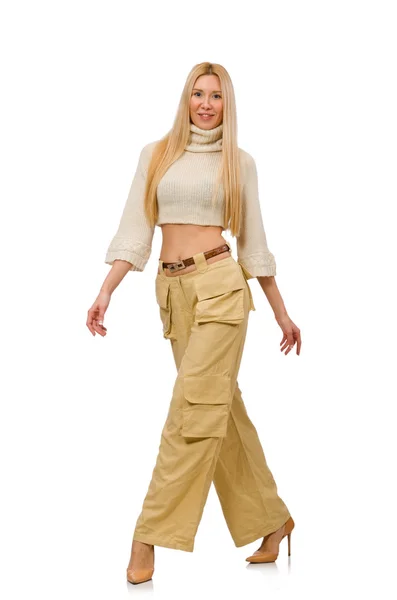 Pretty woman in beige trousers isolated on white — Stock Photo, Image