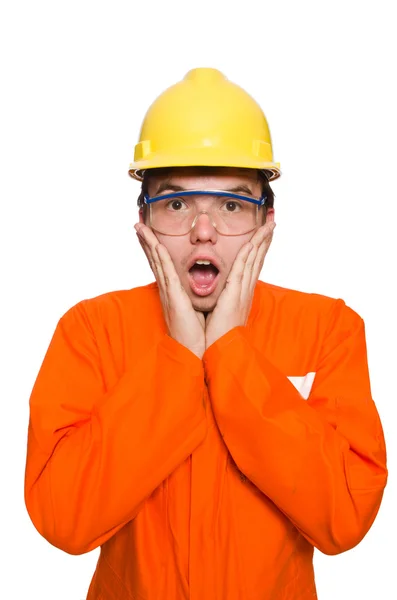 Hombre en mono naranja aislado en blanco — Foto de Stock