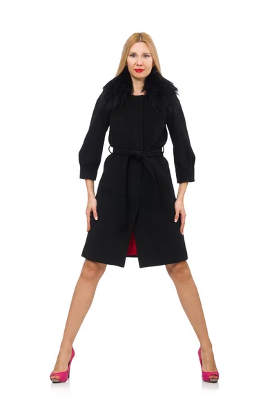 Mujer rubia bonita con abrigo negro aislado en blanco —  Fotos de Stock