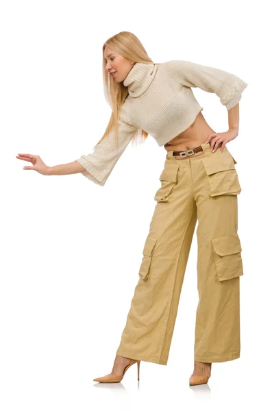 Mujer bonita en pantalones beige aislados en blanco — Foto de Stock