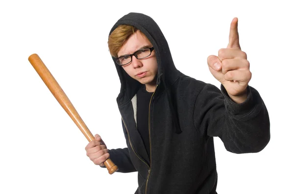 Aggressive man with baseball bat isolated on white — Stock Photo, Image