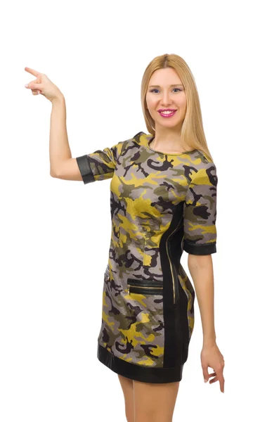 Kaukasische meisje in militaire stijl jurk geïsoleerd op wit — Stockfoto