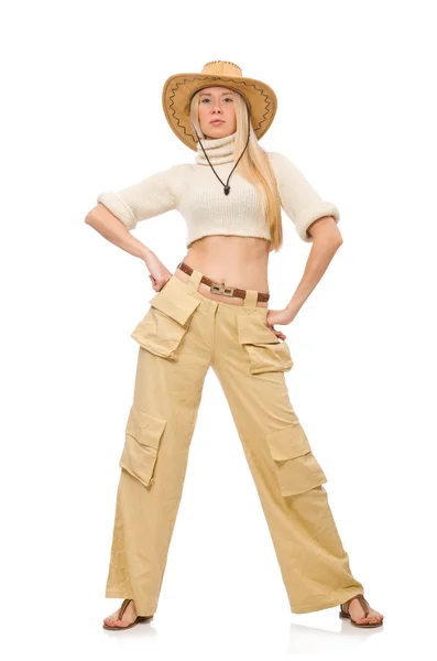 Mooie vrouw in beige broek geïsoleerd op wit — Stockfoto