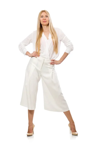 Blond vlasy model v elegantní rozšířené kalhoty izolované na bílém Royalty Free Stock Fotografie