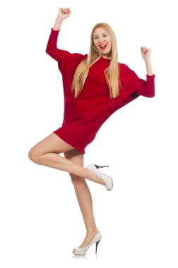 Kırmızı elbiseli güzel bir kız, beyaz tenli.