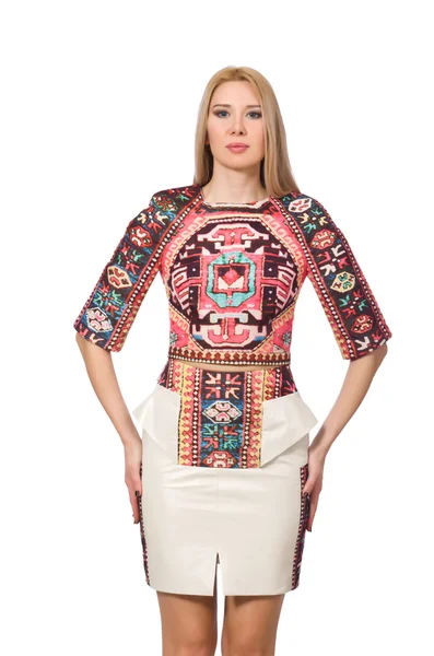 Beyaz üzerinde halı izi olan güzel bir manken.