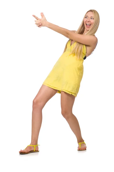 Kaukasische Schönheitskönigin in gelbem Sommerkleid isoliert auf weißem Grund — Stockfoto