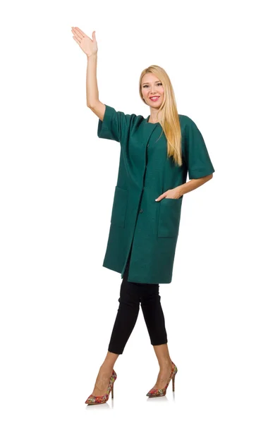 Kobieta w zielonym płaszczu odizolowana na białym — Zdjęcie stockowe