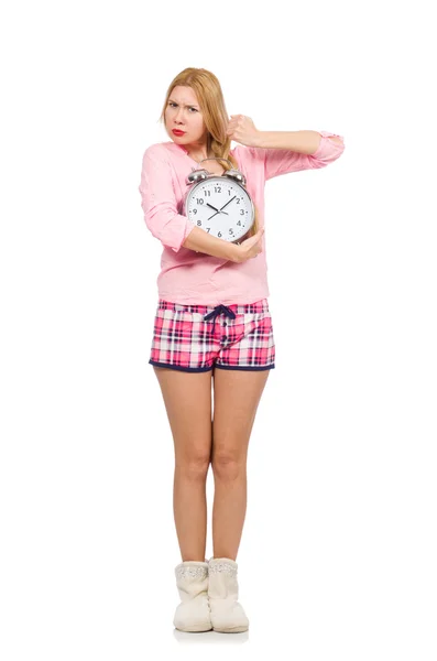 Pretty blondie girl holding alarm-clock isolated on white — Stock Photo, Image