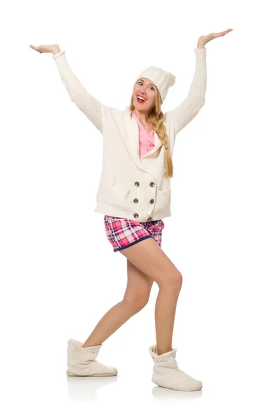 Bella ragazza sorridente in giacca rosa isolata su bianco — Foto Stock