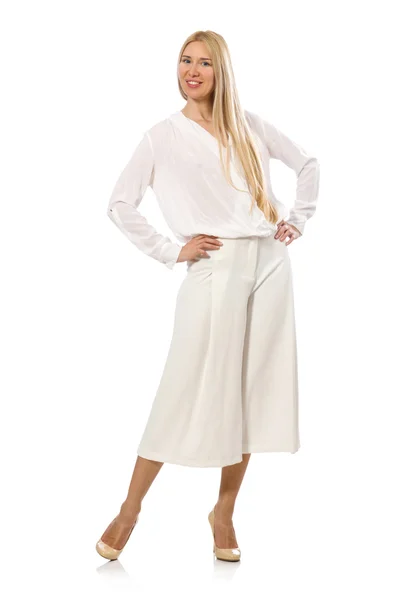 Modelo de cabelo loiro em elegantes calças queimadas isoladas em branco — Fotografia de Stock