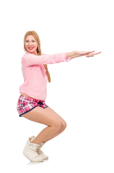 Chica bonita haciendo ejercicios físicos aislados en blanco —  Fotos de Stock