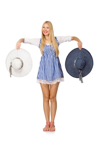Caucasian woman in plaid blue dress and hat isolated on white — Stock Photo, Image
