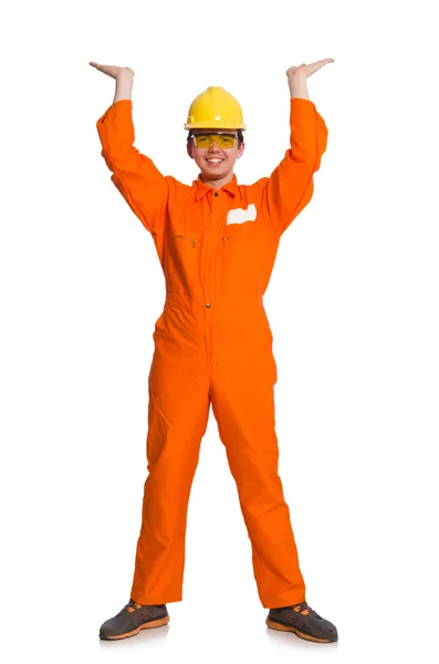 Man in oranje overall geïsoleerd op wit — Stockfoto