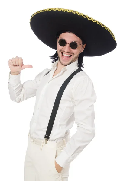 Muž v mexickém sombrero izolované na bílém — Stock fotografie