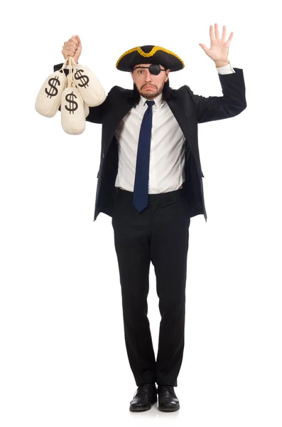 Hombre de negocios pirata sosteniendo bolsas de dinero aisladas en blanco —  Fotos de Stock