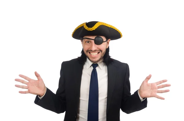 Pirate businessman wearing tricorn isolated on white — Stock Photo, Image