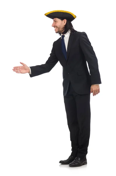 Young businessman wearing tricorn isolated on white — Stock Photo, Image