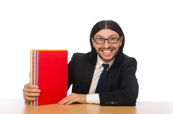 Zakenman holding notebooks geïsoleerd op wit — Stockfoto