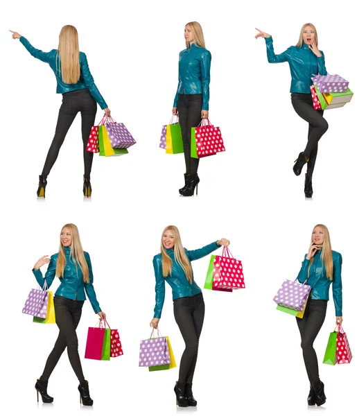 Donna con shopping bags isolata su bianco — Foto Stock