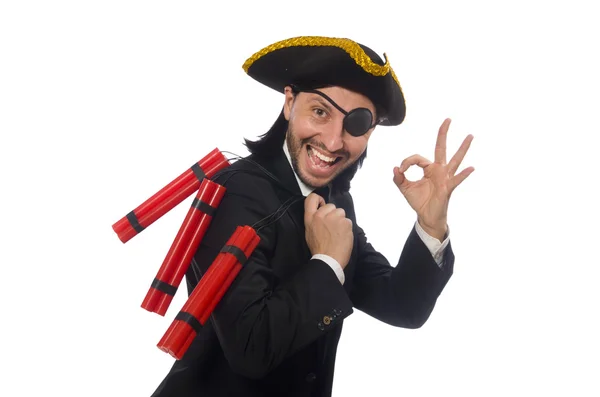 Pirate in zwart pak houden bom geïsoleerd op wit — Stockfoto