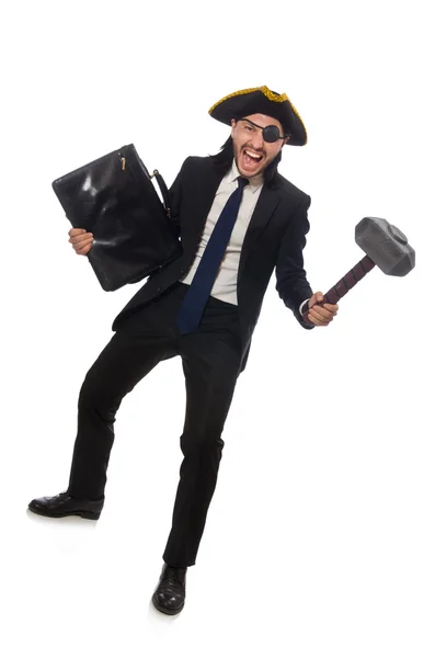 Piraat zakenman met hamer en werkmap geïsoleerd op wit — Stockfoto