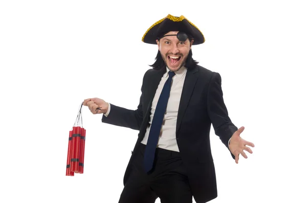 Pirata de terno preto segurando bomba isolada em branco — Fotografia de Stock