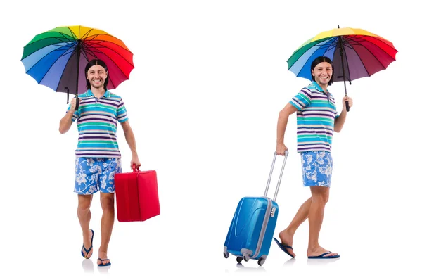 Voyageur avec étui rouge et parapluie isolé sur blanc — Photo