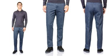 Moda konsepti olan genç bir adam beyazlara izole edilmiş.