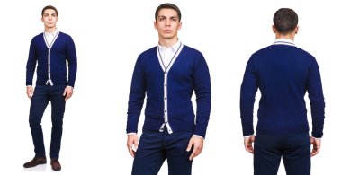 Moda konsepti olan genç bir adam beyazlara izole edilmiş.