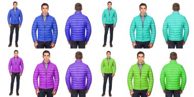 Moda konsepti olan genç bir adam beyazlara izole edilmiş.