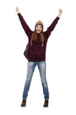 Sırt çantalı gülümseyen öğrenci beyaza izole edilmiş.