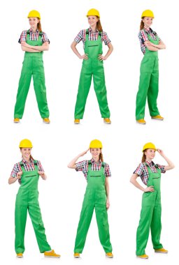 Yeşil tulumlu kadın beyaz giyindi.