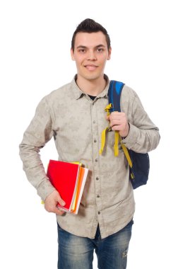 Sırt çantası ve kitaplar ile gülümseyen beyaz öğrenci