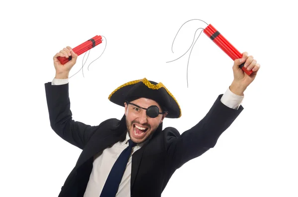 Pirate in black suit holding bomb isolated on white — Stock Photo, Image