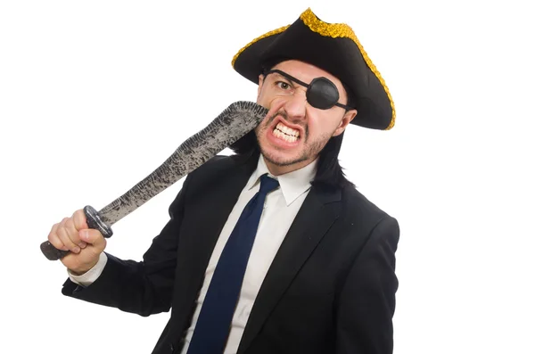 Homme d'affaires pirate avec sabre isolé sur blanc — Photo