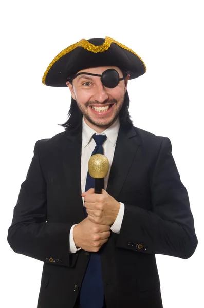 Pirate businessman holding the microphone isolated on white — Stock Photo, Image