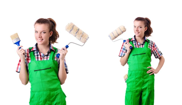 Pittore donna con pennello su bianco — Foto Stock