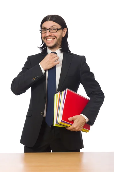 Podnikatel drží notebooky izolovaných na bílém — Stock fotografie