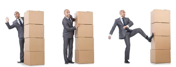 Collage of photos with man and boxes — Stock Photo, Image