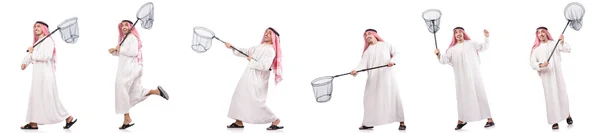 Uomo arabo con rete di cattura isolata su bianco — Foto Stock
