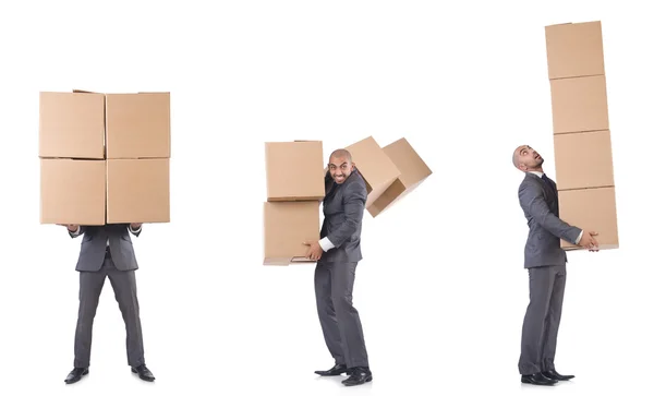 Collage of photos with man and boxes — Stock Photo, Image