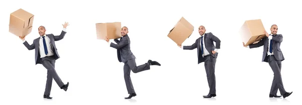 Collage of photos with man and boxes — Stock Photo, Image